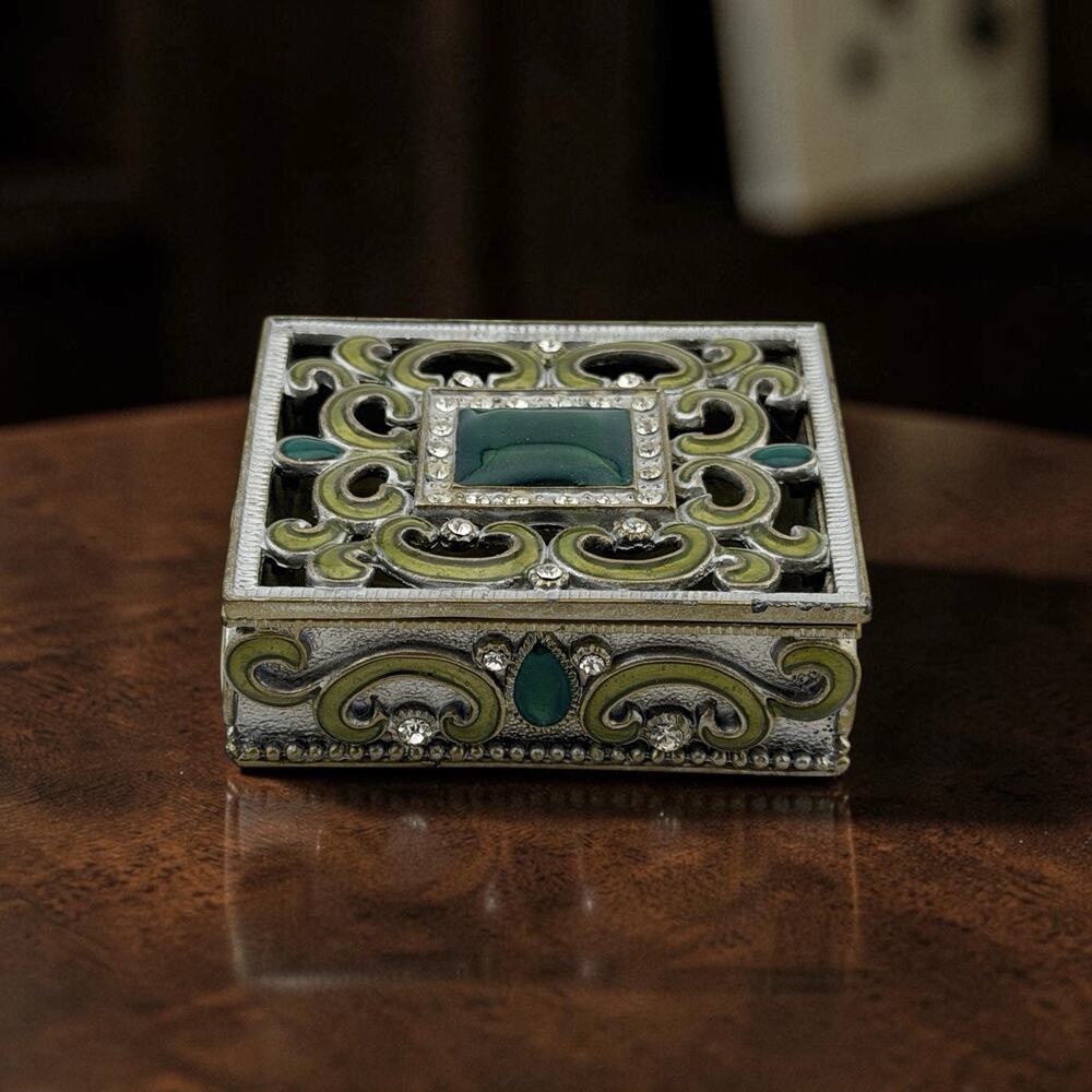 Pierced Metal Trinket Box with Green Enamel Crystals and Green Stone